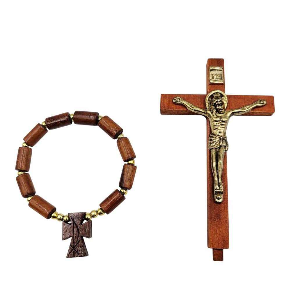 INRI Sacred Heart Wooden Crucifix Handmade Wooden Beaded Bracelet Gold-Tone LOT
